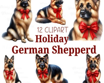 Watercolor German Shepherd Christmas Clipart • Festive Holiday PNG (Digital Download)