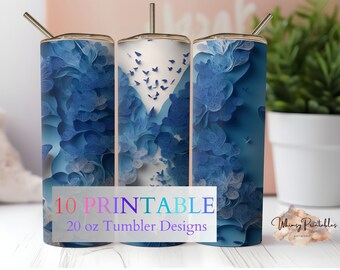 Blue Japanese Butterflies 20 oz Tumbler Sublimation Design (Digital Download)