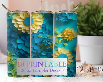 Floral Tumbler Sublimation Design: Blue & Yellow Watercolor (Digital Download)