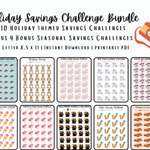 May include: A printable PDF bundle of 14 holiday-themed savings challenges. The challenges feature various icons, including a Father's Day tie, a Christmas reindeer, a Mother's Day flower, a New Year's calendar, a 4th of July flag, a back-to-school pencil, a Valentine's Day heart, a Halloween ghost, a Thanksgiving turkey, and a carrot. Each challenge is designed to help you save money for a specific holiday.