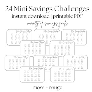 Peut inclure: Téléchargement PDF imprimable de 24 mini défis d'épargne. Chaque défi comporte une grille de cases avec des montants en euros pour suivre les objectifs d'épargne. Les défis incluent des montants de 1 à 100 euros.