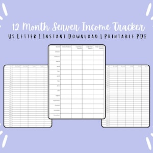 Op de afbeelding: Printbare 12-maands server-inkomsten tracker in US Letter formaat. De tracker bevat kolommen voor maand, gewerkte uren, creditcard fooien verdiend, contant fooien verdiend en het totale bedrag verdiend.
