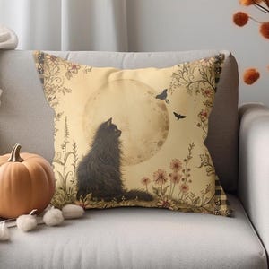 Black Cat Decorative Throw Pillow Cover | Black Cat Cottage Gingham Decor Accent Pillow Cushion Cover Gift | Moody Black Cat Pillow Case