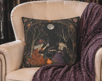 Halloween Witch Decor Throw Pillow Cover, Witching Hour Halloween Indoor Outdoor Accent Pillow Cushion Cover, Halloween Cauldron Home Decor