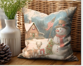 Christmas Snowman Patriotic Throw Pillow Cover, Rocky Mountain USA Christmas Rustic Cabin Home Decor Gift Accent Pillow Cushion Covers