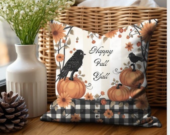 Happy Fall Yall Autumn Decor Throw Pillow Cover Pumpkin Black Crow Sunflower Fall Home Accent Pillow Cover Unique Autumn Decor Cushion Cover