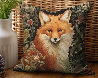 William Morris Inspired Fox Black Floral Cottagecore Accent Throw Pillow Covers Unique Housewarming Gift Woodland Forest Fox Home Decor