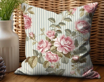Floral Throw Pillow Cover French Blue Pinstripe Vintage Pink Roses Spring Summer Accent Pillow French Country Decor Unique Housewarming Gift