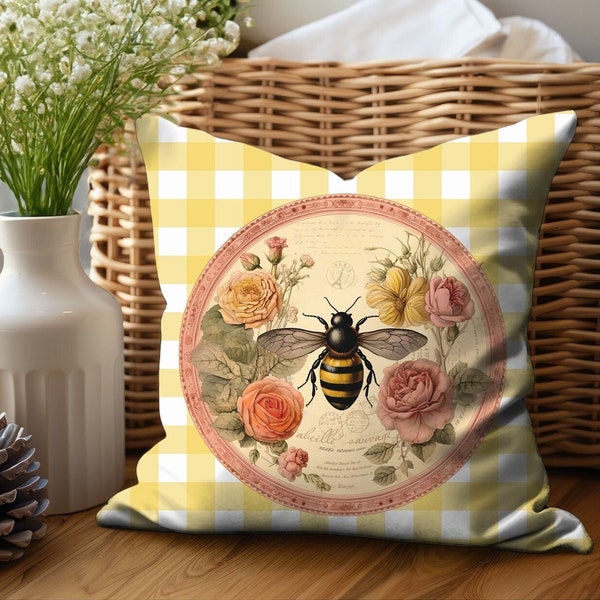 French Country Farmhouse Yellow Check Plaid Bee Decor Accent Toss Throw Pillow Slip Cover Decorative Pillow Case Housewarming Gift For Her