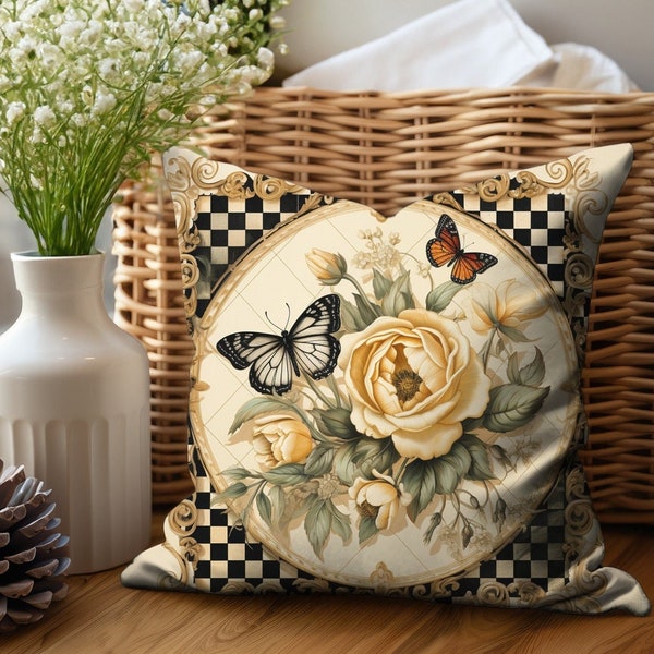 French Country Farmhouse Decor Accent Throw Pillow Cover Gift, Vintage Cottage Floral Butterfly Decorative Eclectic Check Toss Pillow Case