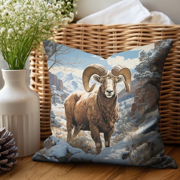 Big Horn Sheep Throw Pillow Covers, Canyon Wildlife Cabin RV Home Sheep Decor Gifts For Nature Lovers, Canyon Print Accent Pillows
