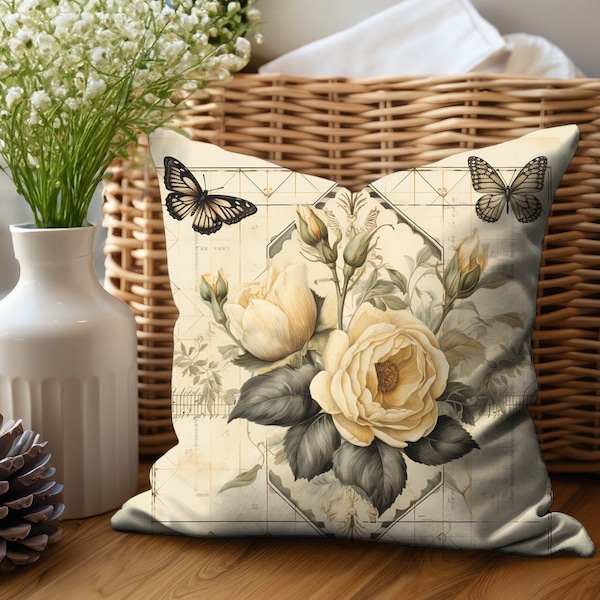 Farmhouse Floral Decor Accent Throw Pillow Cover Gift, French Country Cottage Decor Floral Butterfly Decorative Eclectic Toss Pillow Cases