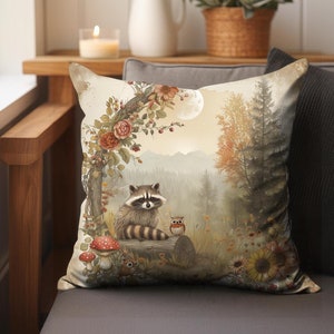 Cottagecore Fall Home Decor Raccoon and Friends Throw Pillow Cover, Woodland Creatures Autumn Seasonal Living Room Accent Pillow Case, fall harvest pillow cover