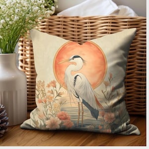 Heron Coastal Bird Aviary Indoor Outdoor Throw Pillow Cover, Beach House Decor Accent Pillow, Bird Lover Coastal Decor Pillow Cushion Cover