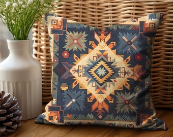 Tribal Southwestern Blue Decor Contemporary Accent Throw Pillow Covers, Sizes 14x14 16x16 18x18 20x20, RV Cabin Lodge Decor Pillow Covers