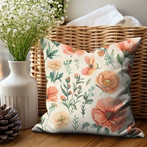 Floral Orange Peach Indoor Throw Pillow Cover, Floral Farmhouse Decor Accent Pillow Case, Nature Lover Birthday Gift Wildflower Pillow Cover