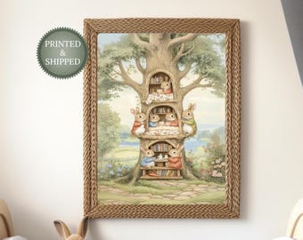 Beatrix Potter Inspired Whimsical Rabbit Treehouse Cross Section Poster Print, Cottagecore Bunny Family Nursery Wall Art