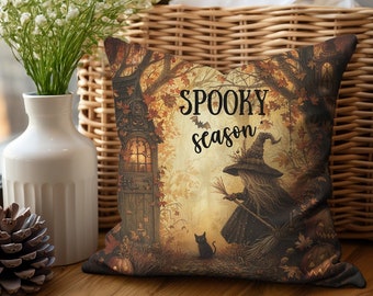 Halloween Spooky Season Throw Pillow Cover, Witch Bat Black Cat Spooky Accent Pillow Cover, Halloween Fall Holiday Home Decor Pillow Cover