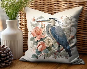 Blue Heron Throw Pillow Cover: Coastal Bird Accent Pillow