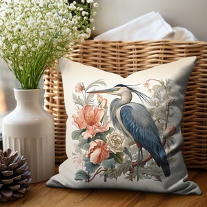 Blue Heron Coastal Bird Aviary Indoor Throw Pillow Cover, Beach House Decor Accent Pillow Case, Bird Lover Gift Coastal Pillow Cushion Cover