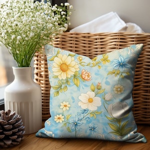 Blue Floral Summer Pillow Cover, Wildflower Indoor Home Decor Accent Pillow Cover, Decorative Floral Country Cottage Farmhouse Pillow Covers
