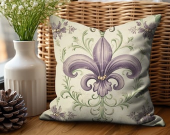 French Country Farmhouse Purple and Green Fleur De Lis Indoor Throw Pillow Cover, Fleur De Lis Cajun Mardi Gras Louisiana Decor Gift For Her