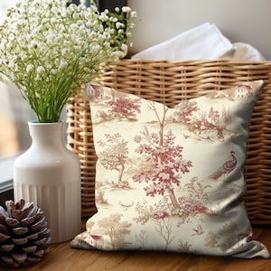 Funda de almohada francesa Toile: Aviario burdeos y crema, decoración rústica.