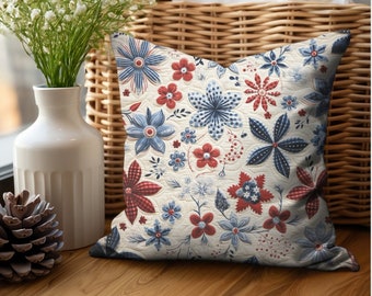 4th of July Independence Day Floral Decor Indoor Pillow Cover, Red White and Blue Patriotic Throw Pillows, Americana Farmhouse Decor Pillows