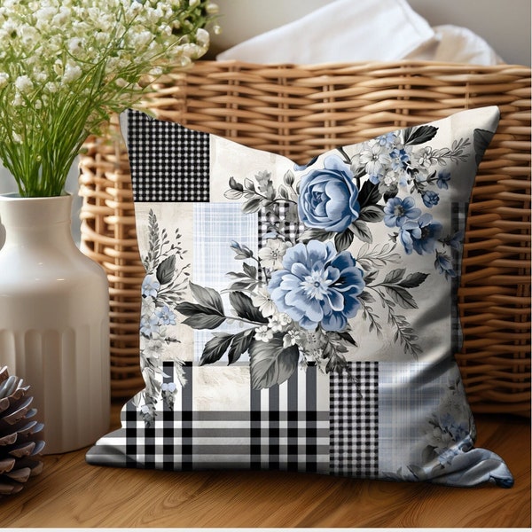 Boho Farmhouse Blue Floral Black and White Buffalo Plaid Pillow Cover, Shabby Cottage Home Decor Unique Accent Toss Pillow Cushion Covers