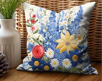 Wildflower Bluebonnet Spring Boho Floral Home Decor Throw Pillow Cover Housewarming Gift, Colorful Retro Boho Farmhouse Decor Accent Pillow