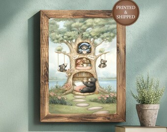 Bear Family Tea O Clock Treehouse Whimsical Nursery Wall Art | Cottagecore Woodland Animal Vertical Wall Art Printed and Shipped
