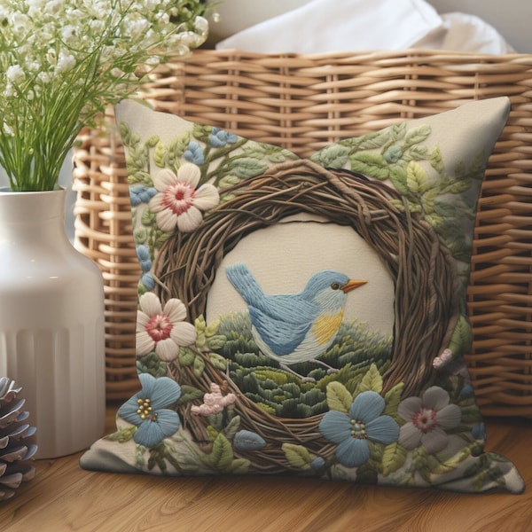 Bird Nest Bluebird Faux Needlepoint Throw Pillow Cover Spring Home Decor Bird Accent Pillow Nature Lover Gift For Her Unique Pillow Covers