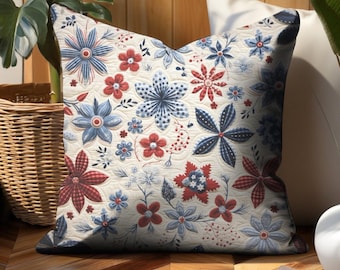 4th of July Independence Day Floral Decor Indoor Pillow Cover, Red White and Blue Patriotic Throw Pillows, Americana Farmhouse Decor Pillows