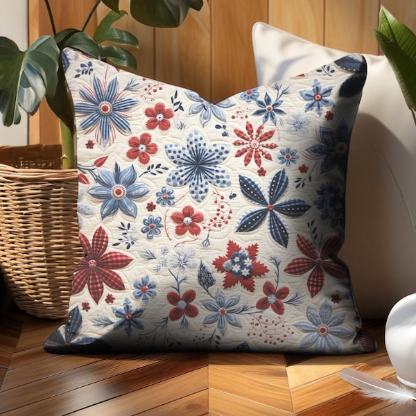4th of July Independence Day Floral Decor Indoor Pillow Cover, Red White and Blue Patriotic Throw Pillows, Americana Farmhouse Decor Pillows