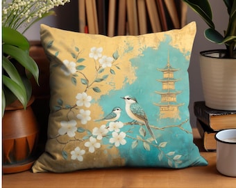 Teal and Gold Asian Pagoda Floral Bird Chinoiserie Accent Pillow Covers