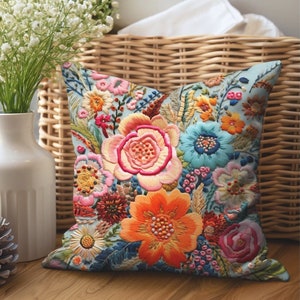 Colorful Boho Hippie Faux Needlepoint Floral Pillow Cover | Retro Boho Floral Home Decor Gift For Mom | Accent Toss Pillow Cushion Covers