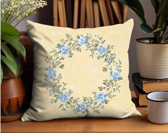 Yellow and Delicate Blue Floral Circle Accent Throw Pillow Cover, Cottagecore Decor Pillow Cushion Case