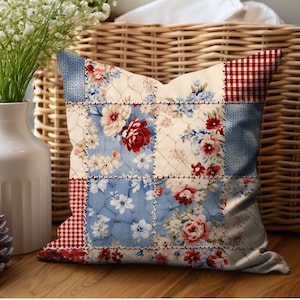 Patchwork Style Pillow Cover Red Blue Cottage Sofa Accent Pillow Gift For Women Unique Pillow Cover Red Farmhouse Floral Country Home Decor