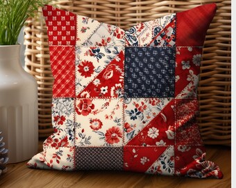 Red and Blue Sofa Accent Pillow Cover, Farmhouse Rustic Country Decor Faux Patchwork Throw Pillow Cushion Case