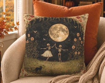 Dancing Skeletons Halloween Pillow Cover: Spooky Harvest Moon Decor