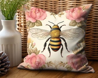 Pink Bee Floral Pillow Cover Vintage Pink Spring Bee Sofa Accent Pillow Cottage Decor Queen Bee Keeper Gifts Unique Home Decor Pillow Covers