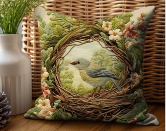 Bird Nest Faux Needlepoint Throw Pillow Cover Spring Bird Nest Floral Sofa Accent Pillow Gift For Women Unique Pillow Cover Bird Nest Decor