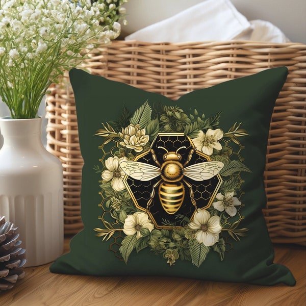 Hunter Green Bee Pillow Cover Gold Green Floral Bee Sofa Accent Pillow Modern Decor Queen Bee Keeper Gifts Unique Home Decor Pillow Covers