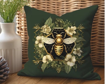 Hunter Green Bee Pillow Cover Gold Green Floral Bee Sofa Accent Pillow Modern Decor Queen Bee Keeper Gifts Unique Home Decor Pillow Covers