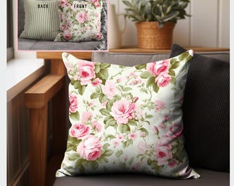 Pink Rose Floral Sage Green Stripe Cottage Chic Livingroom Throw Pillow Cover Spring and Summer Shabby Floral Home Decor Accent Pillow Cover