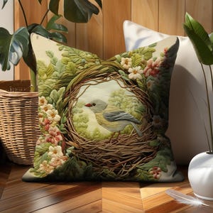 Bird Nest Throw Pillow Cover Spring Floral Faux Needlepoint Sofa Accent Pillow Case