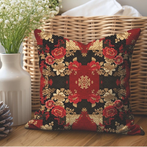 Asian Style Red Black Gold Floral Pillow Cover Chinese Decor Pillow Covers Unique Home Decor Gifts For Her One of a Kind Decorator Pillows