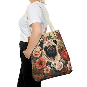 Pug Tote Bag | Personalized Weekender Tote Bag | Pug Gift | Cool Tote Bag Gift | Custom Pug Mom Tote Bag | Cute Pug Floral Custom Tote Bag