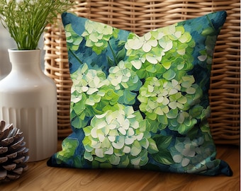 Green Hydrangea Pillow Cover Decor Oil Painting Print Floral Sofa Pillow Case Gift For Women Unique Pillow Cover Green Farmhouse Decor
