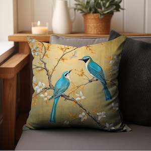 Gold Chinoiserie Throw Pillow Cover Teal Bird Asian Decor Sofa Accent Pillow Gift For Women Unique Pillow Cover Living Room Bedroom Pillows
